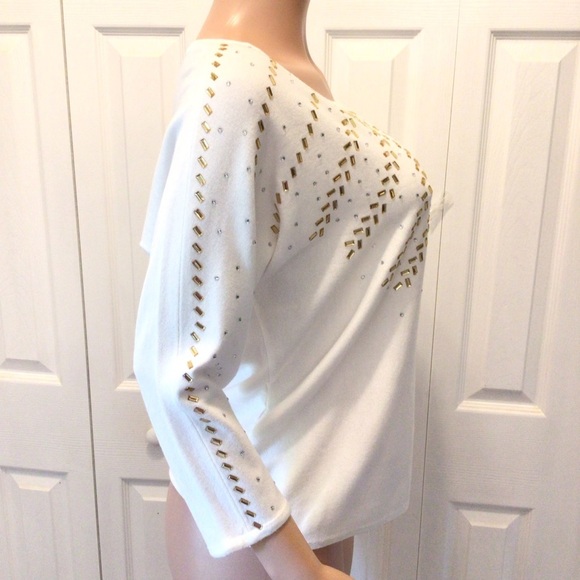 Madison Womens Jupiter White 3/4 Sleeve Embellished Pullover Sweater Size Large - Picture 3 of 6